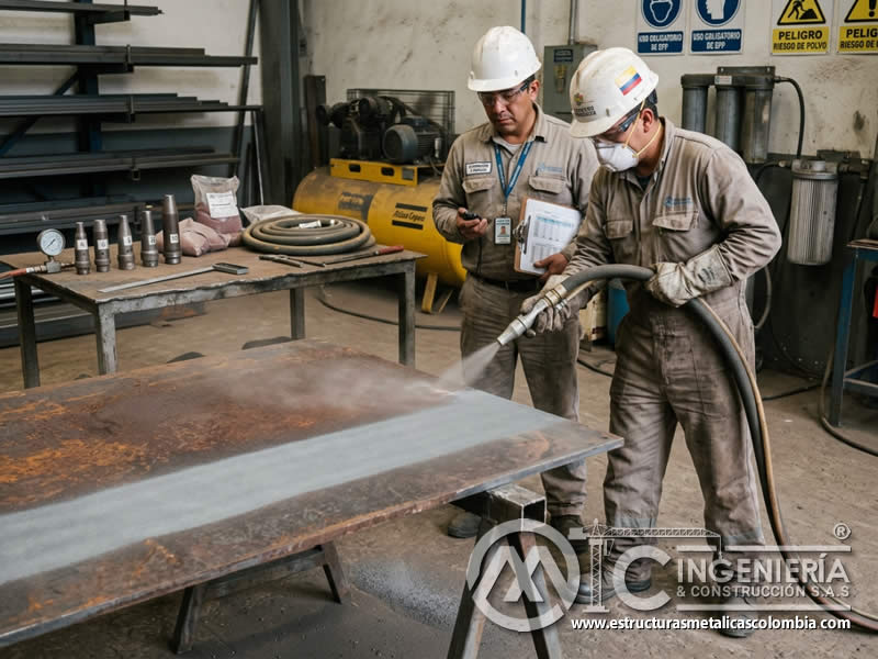Eficiencia de boquilla y tiempo de trabajo en sandblasting en Bogotá, Colombia. Montajes, Ingeniería y Construcción. MIC SAS.