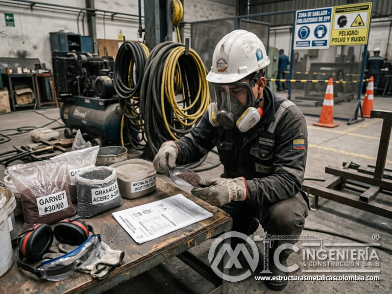 Seguridad del abrasivo y EPP del operario en chorro abrasivo en Bogotá, Colombia. Montajes, Ingeniería y Construcción. MIC SAS. Seguridad del abrasivo y EPP del operario en chorro abrasivo en Bogotá, Colombia. Montajes, Ingeniería y Construcción. MIC SAS.