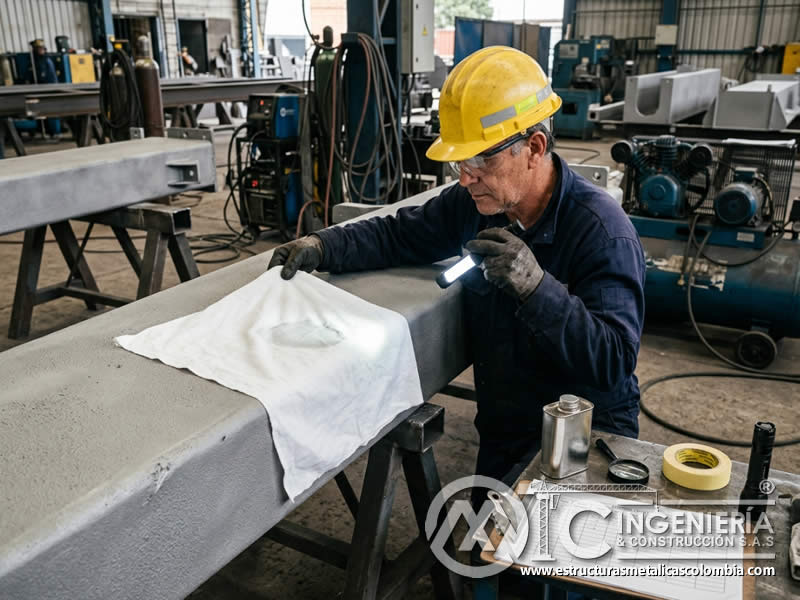 Paño blanco con solvente tras sandblasting en Bogotá, Colombia. Montajes, Ingeniería y Construcción. MIC SAS.