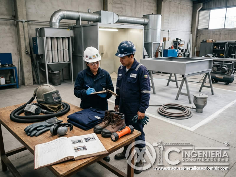 EPP y control de polvo de sandblasting documentado en Bogotá, Colombia. Montajes, Ingeniería y Construcción. MIC SAS.
