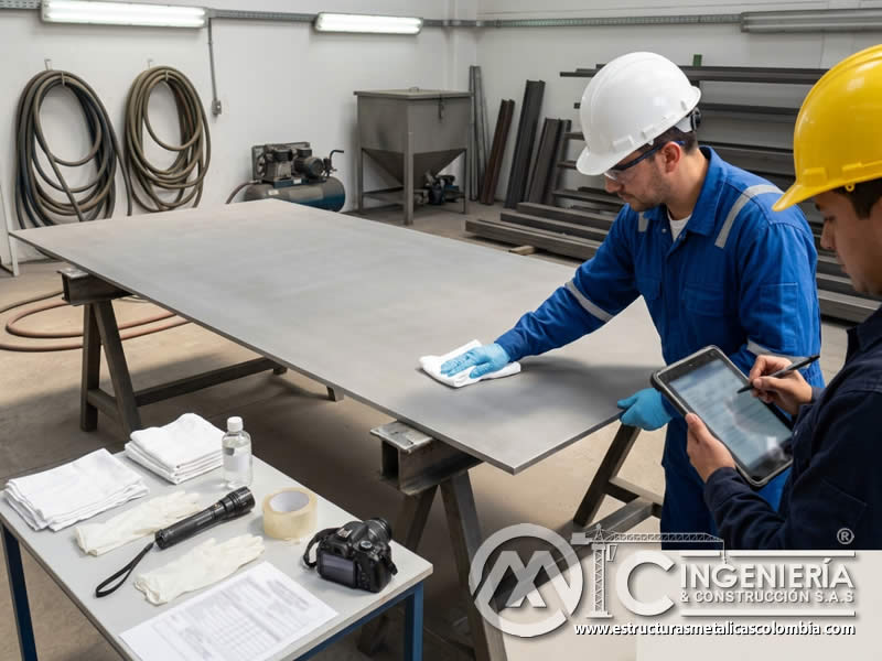 Pruebas de limpieza de sandblasting en reporte en Bogotá, Colombia. Montajes, Ingeniería y Construcción. MIC SAS.