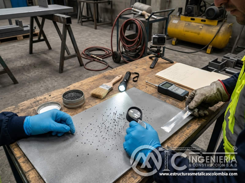 Inclusiones de abrasivo en superficie de sandblasting en Bogotá, Colombia. Montajes, Ingeniería y Construcción. MIC SAS.