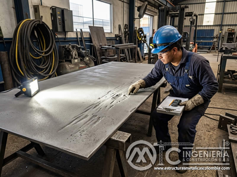 Luz rasante para defectos de sandblasting en Bogotá, Colombia. Montajes, Ingeniería y Construcción. MIC SAS.