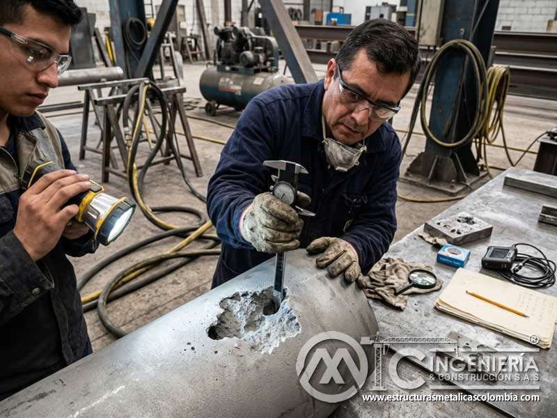 Medición de profundidad de defectos tras sandblasting en Bogotá, Colombia. Montajes, Ingeniería y Construcción. MIC SAS.