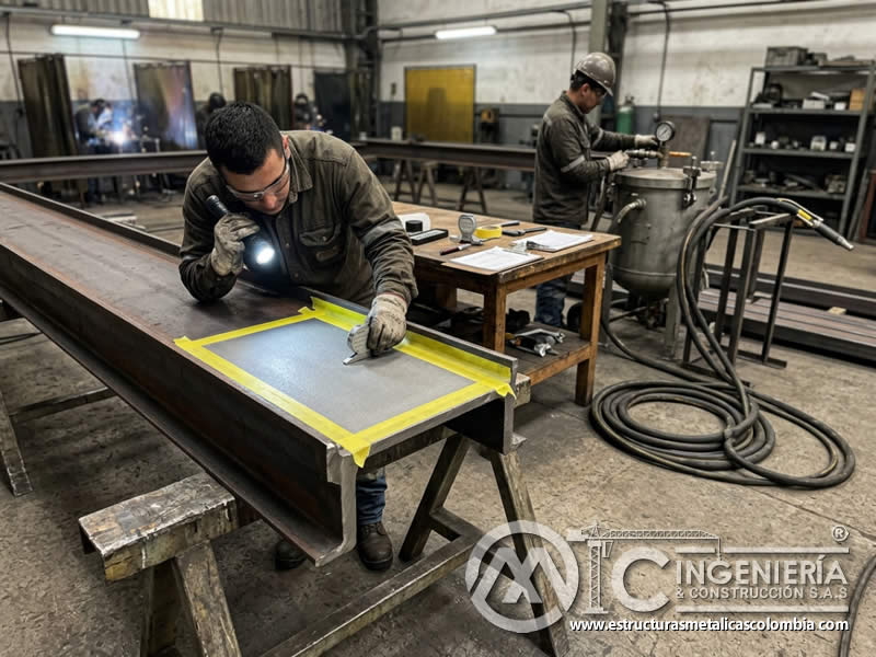 Pruebas de área para uniformidad del acabado en sandblasting en Bogotá, Colombia. Montajes, Ingeniería y Construcción. MIC SAS.