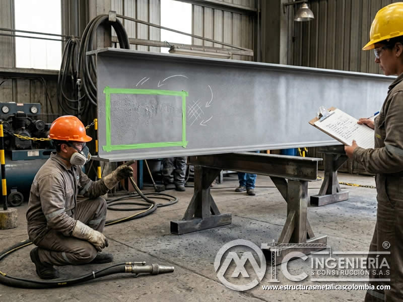 Zonas irregulares de sandblasting para retrabajo en Bogotá, Colombia. Montajes, Ingeniería y Construcción. MIC SAS.