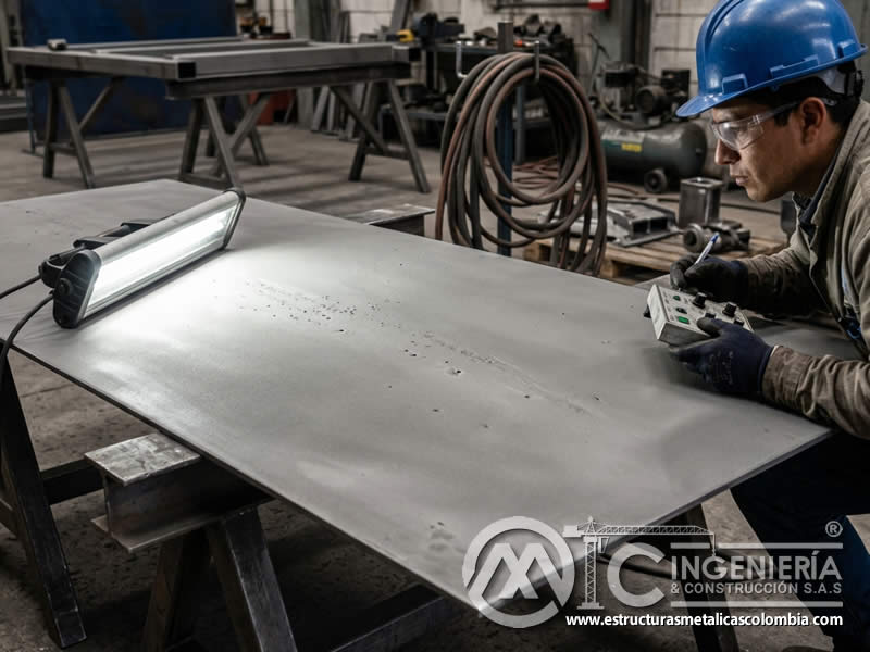 Luz rasante para irregularidades de sandblasting en Bogotá, Colombia. Montajes, Ingeniería y Construcción. MIC SAS.
