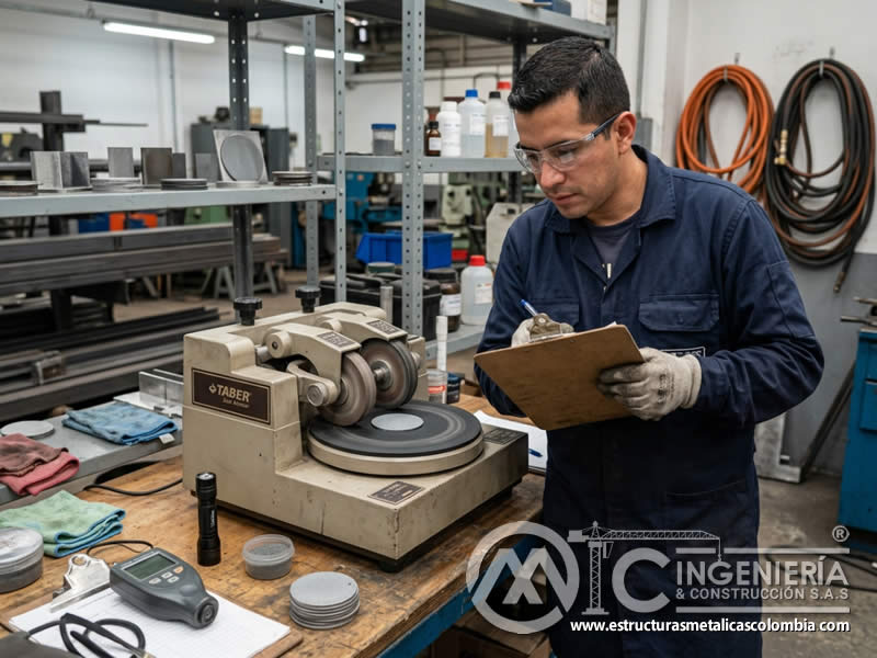 Abrasión Taber de recubrimiento tras sandblasting en Bogotá, Colombia. Montajes, Ingeniería y Construcción. MIC SAS.