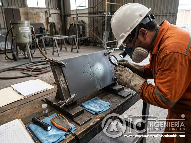 Impacto de arena en recubrimiento tras sandblasting en Bogotá, Colombia. Montajes, Ingeniería y Construcción. MIC SAS.