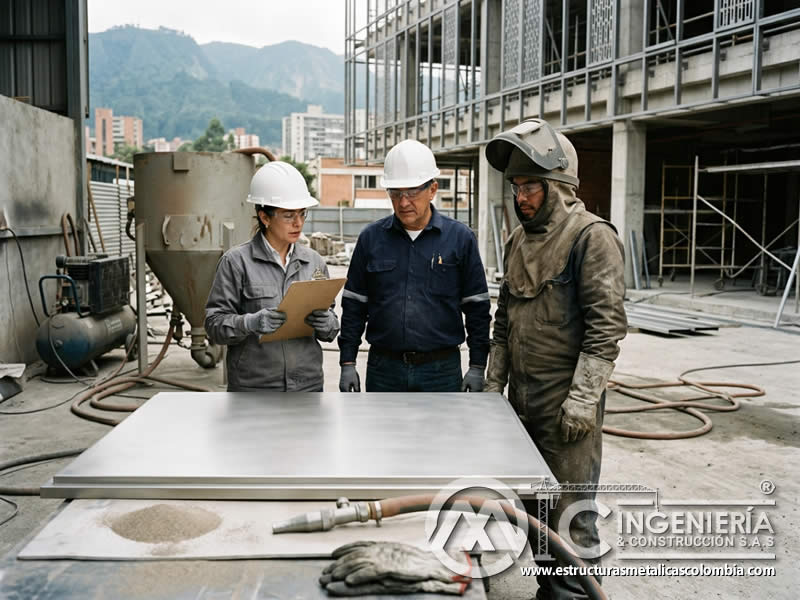 Acabado satinado de sandblasting arquitectónico en Bogotá, Colombia. Montajes, Ingeniería y Construcción. MIC SAS.
