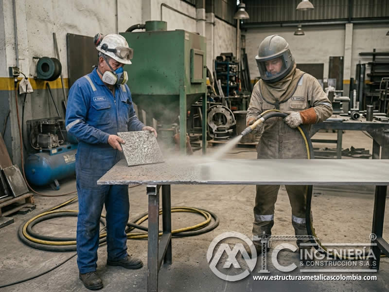 Ángulo de aplicación de sandblasting y textura uniforme en Bogotá, Colombia. Montajes, Ingeniería y Construcción. MIC SAS.