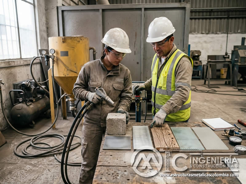 Material base en sandblasting para acabado de metal y concreto en Bogotá, Colombia. Montajes, Ingeniería y Construcción. MIC SAS.