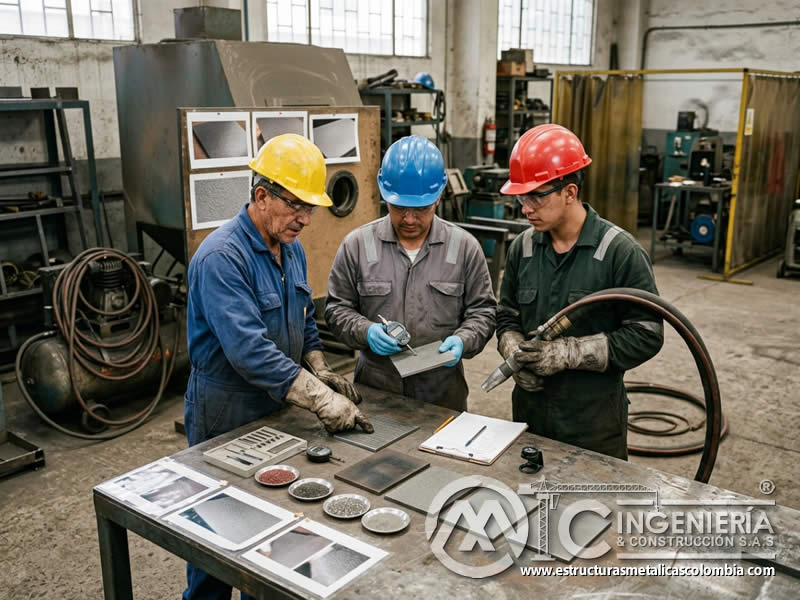 Pruebas y muestras de sandblasting para calidad de acabado en Bogotá, Colombia. Montajes, Ingeniería y Construcción. MIC SAS.