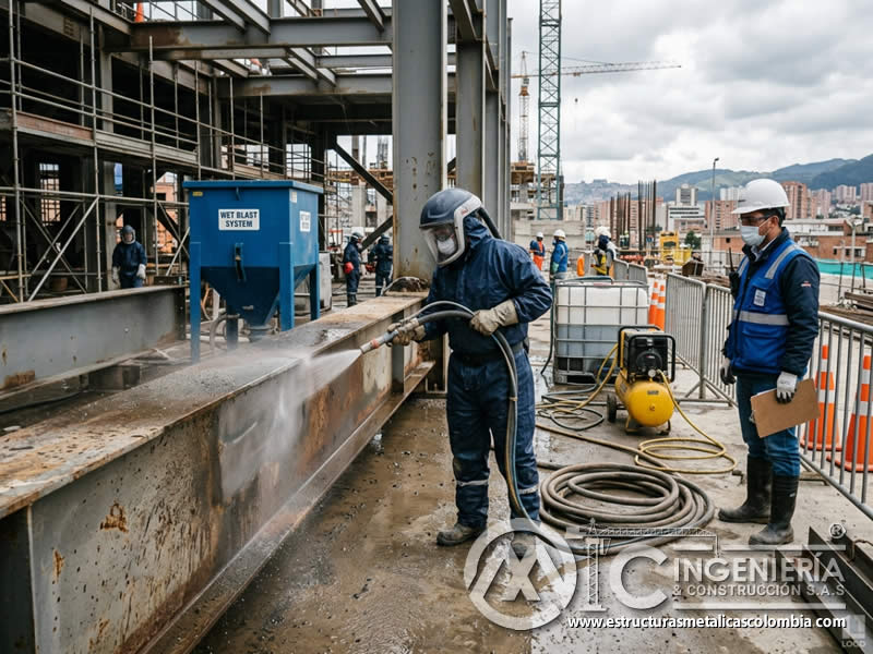 Sandblasting húmedo para control de polvo y acabado en Bogotá, Colombia. Montajes, Ingeniería y Construcción. MIC SAS.