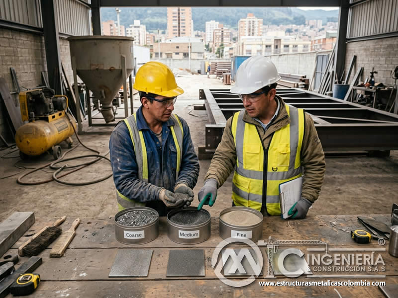 Tipo de abrasivo de sandblasting y acabado superficial en Bogotá, Colombia. Montajes, Ingeniería y Construcción. MIC SAS.