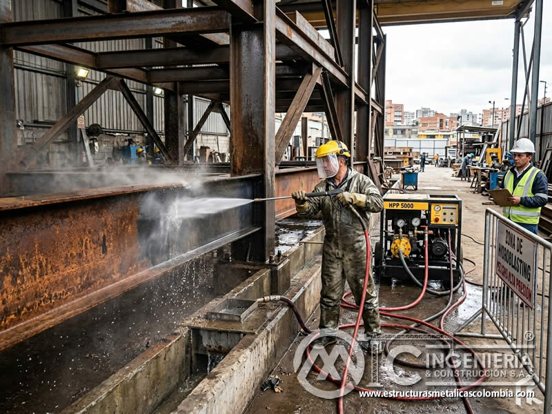 Hydroblasting en estructuras metálicas grandes en Bogotá, Colombia. Montajes, Ingeniería y Construcción. MIC SAS.