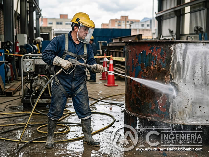 Impacto de chorro de agua hydroblasting sobre superficie en Bogotá, Colombia. Montajes, Ingeniería y Construcción. MIC SAS.