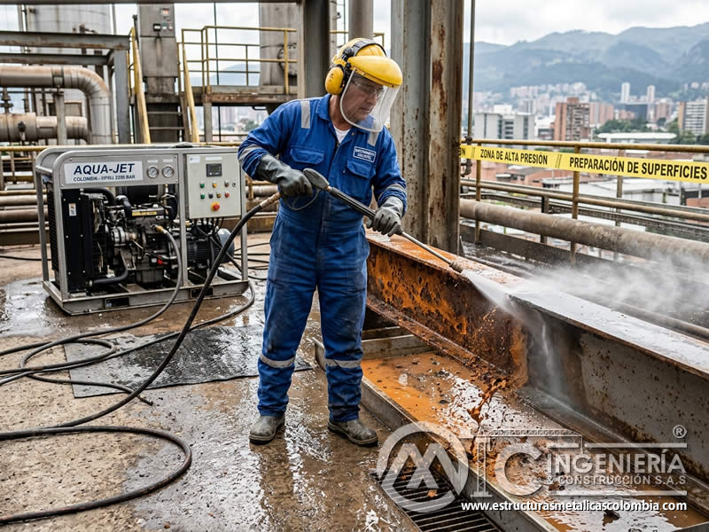 Limpieza de óxido con chorro de agua a alta presión en Bogotá, Colombia. Montajes, Ingeniería y Construcción. MIC SAS.