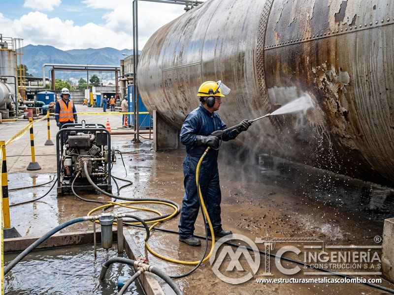 Limpieza de tanques con hydroblasting de alta presión en Bogotá, Colombia. Montajes, Ingeniería y Construcción. MIC SAS.