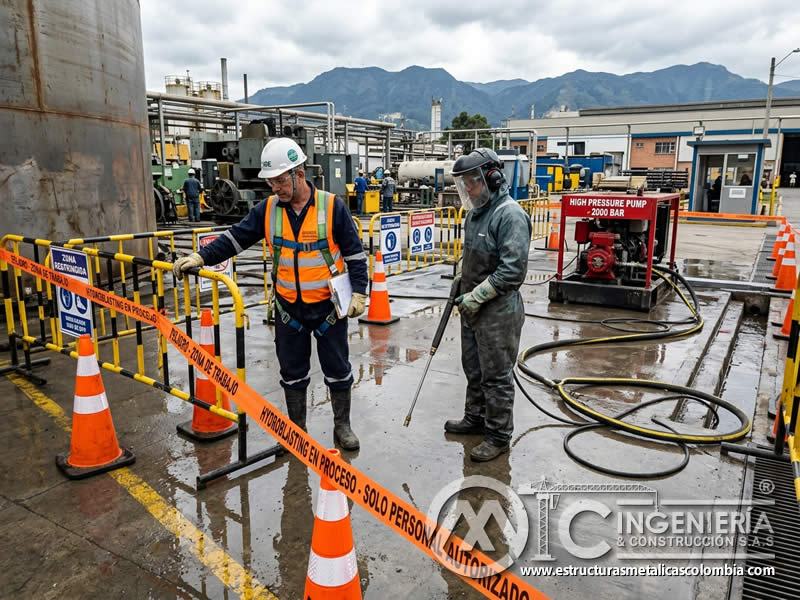 Protección de área para chorro de agua hydroblasting en Bogotá, Colombia. Montajes, Ingeniería y Construcción. MIC SAS.