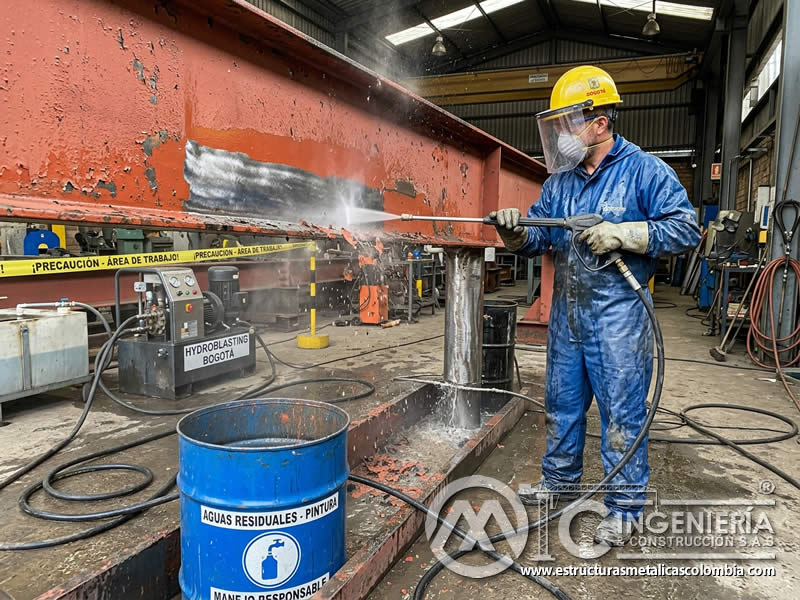 Remoción de pintura con hydroblasting sobre metal en Bogotá, Colombia. Montajes, Ingeniería y Construcción. MIC SAS.