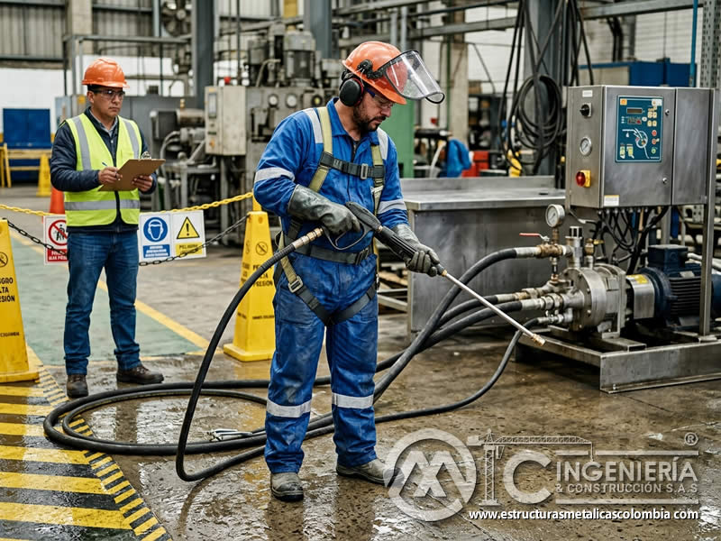 Seguridad del operario en hydroblasting de alta presión en Bogotá, Colombia. Montajes, Ingeniería y Construcción. MIC SAS.