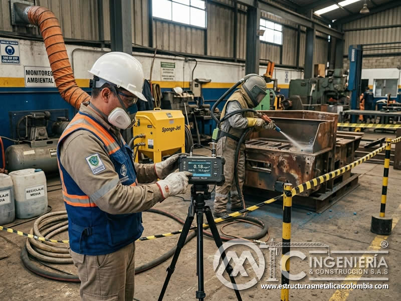 Monitoreo de polvo en chorro de esponja dentro del taller en Bogotá, Colombia. Montajes, Ingeniería y Construcción. MIC SAS. Monitoreo de polvo en chorro de esponja dentro del taller en Bogotá, Colombia. Montajes, Ingeniería y Construcción. MIC SAS.