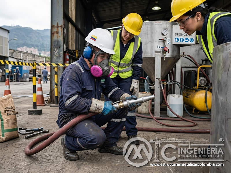 Protección del operario en chorro de esponja en Bogotá, Colombia. Montajes, Ingeniería y Construcción. MIC SAS. Protección del operario en chorro de esponja en Bogotá, Colombia. Montajes, Ingeniería y Construcción. MIC SAS.