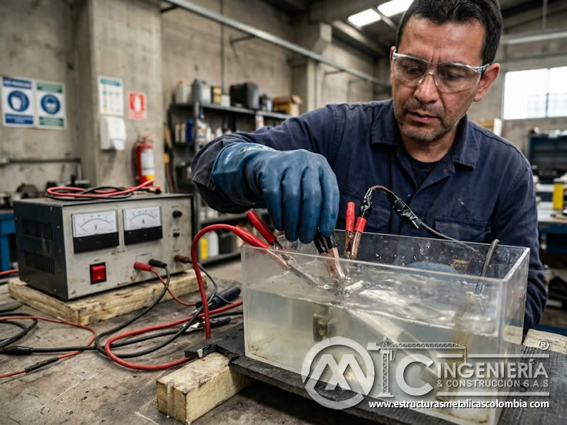 Conexión de ánodo y cátodo en limpieza electroquímica en Bogotá, Colombia. Montajes, Ingeniería y Construcción. MIC SAS.
