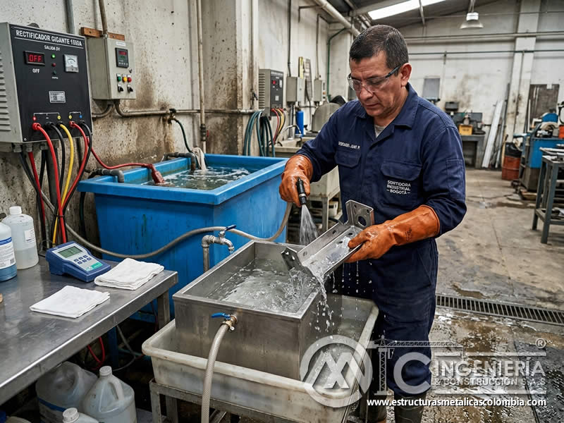 Enjuague de pieza después de electro cleaning en Bogotá, Colombia. Montajes, Ingeniería y Construcción. MIC SAS.