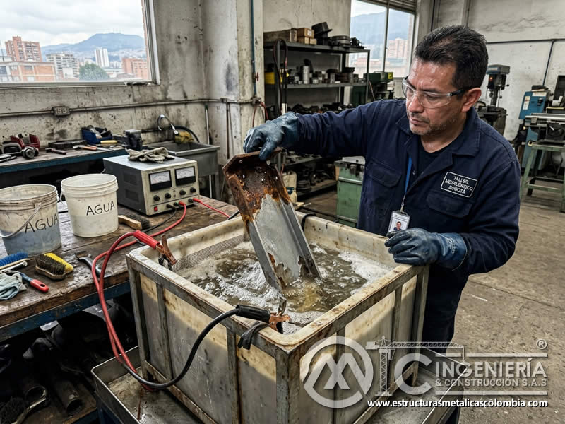 Remoción de óxido con electro cleaning sobre metal en Bogotá, Colombia. Montajes, Ingeniería y Construcción. MIC SAS.