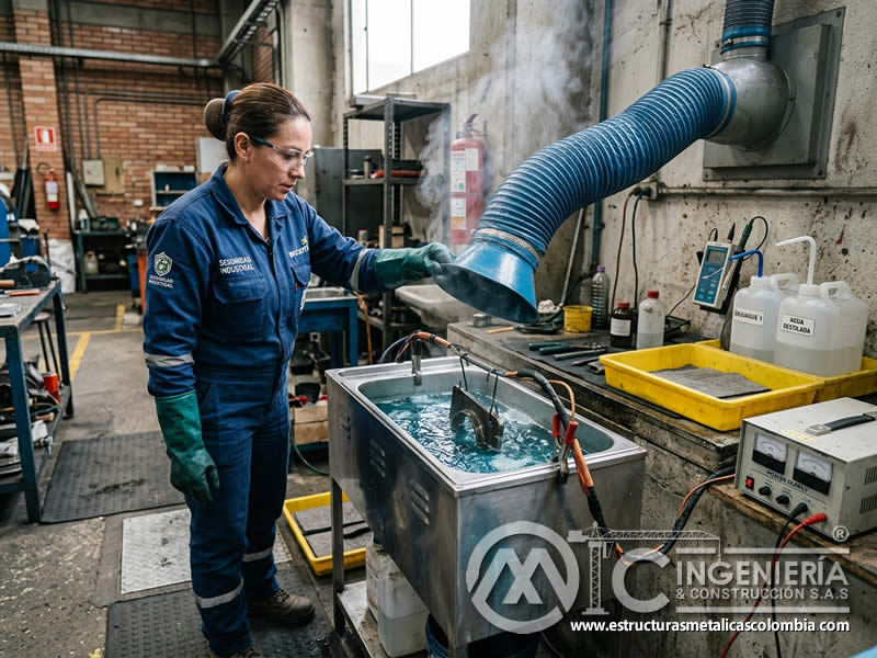Ventilación en limpieza electroquímica dentro del taller en Bogotá, Colombia. Montajes, Ingeniería y Construcción. MIC SAS.