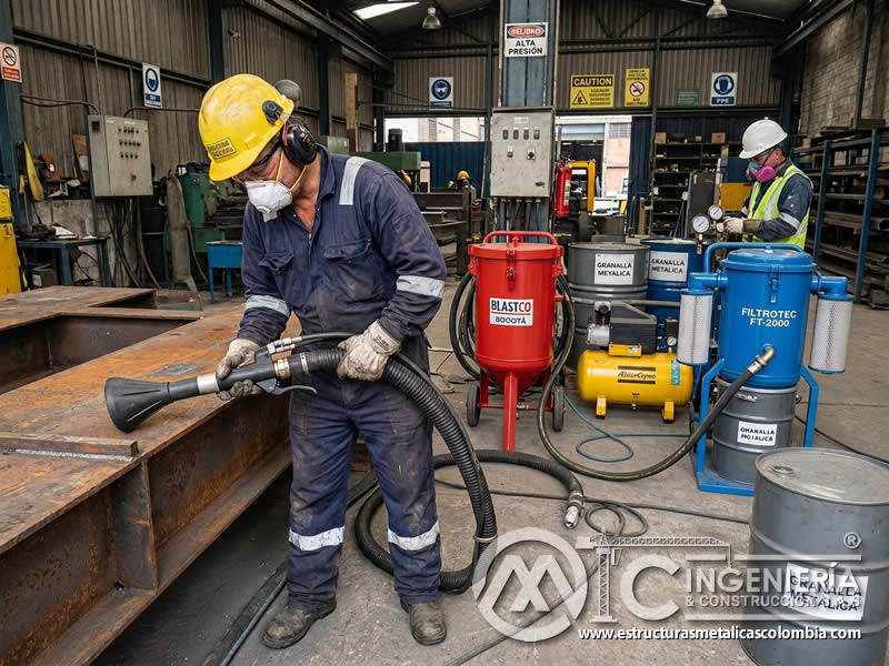 Seguridad del operario en granallado sin polvo en Bogotá, Colombia. Montajes, Ingeniería y Construcción. MIC SAS. Seguridad del operario en granallado sin polvo en Bogotá, Colombia. Montajes, Ingeniería y Construcción. MIC SAS.