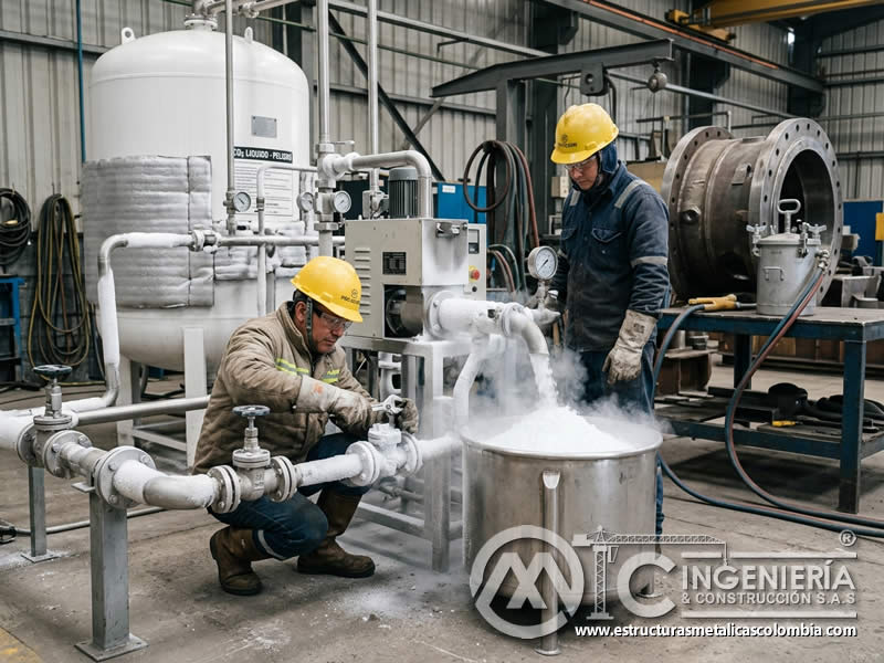 CO2 líquido convertido en hielo seco para chorro abrasivo en Bogotá, Colombia. Montajes, Ingeniería y Construcción. MIC SAS. CO2 líquido convertido en hielo seco para chorro abrasivo en Bogotá, Colombia. Montajes, Ingeniería y Construcción. MIC SAS.