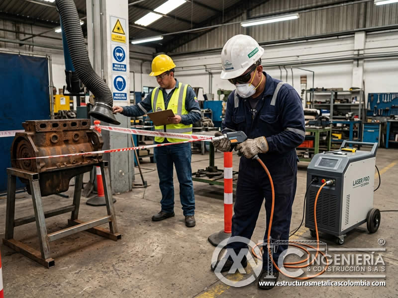 Seguridad del operario en limpieza láser industrial en Bogotá, Colombia. Montajes, Ingeniería y Construcción. MIC SAS.