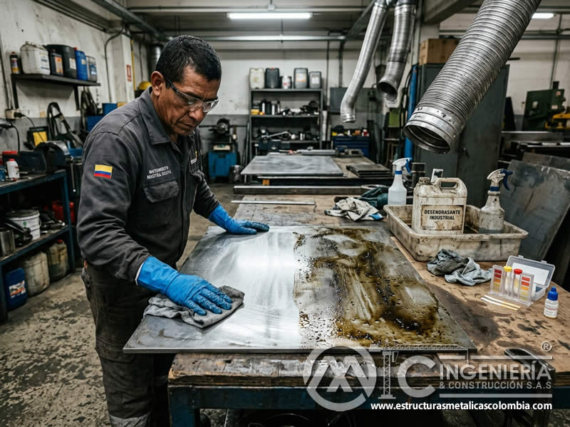 Desengrasante químico sobre superficie metálica en Bogotá, Colombia. Montajes, Ingeniería y Construcción. MIC SAS. Desengrasante químico sobre superficie metálica en Bogotá, Colombia. Montajes, Ingeniería y Construcción. MIC SAS.