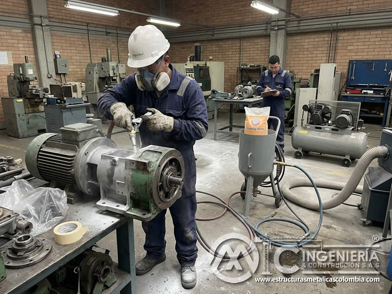 Aplicación de soda blasting en maquinaria industrial en Bogotá, Colombia. Montajes, Ingeniería y Construcción. MIC SAS.