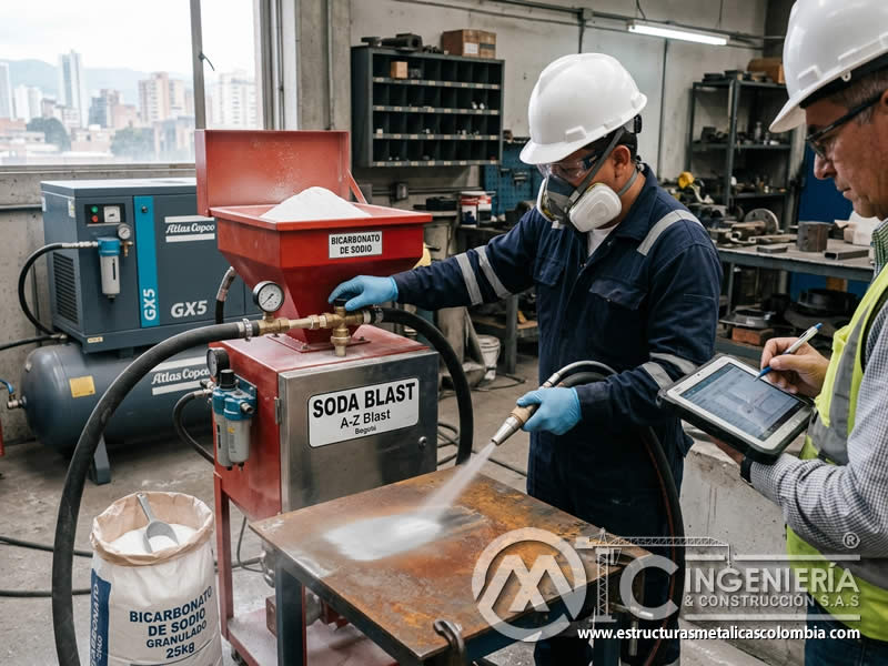Dosificación de bicarbonato en soda blasting en Bogotá, Colombia. Montajes, Ingeniería y Construcción. MIC SAS.