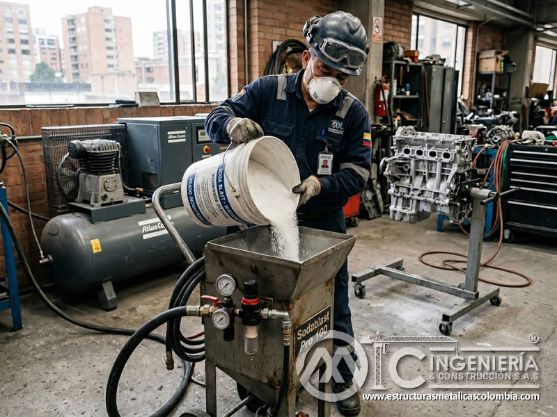 Equipo de soda blasting con carga de bicarbonato en Bogotá, Colombia. Montajes, Ingeniería y Construcción. MIC SAS.