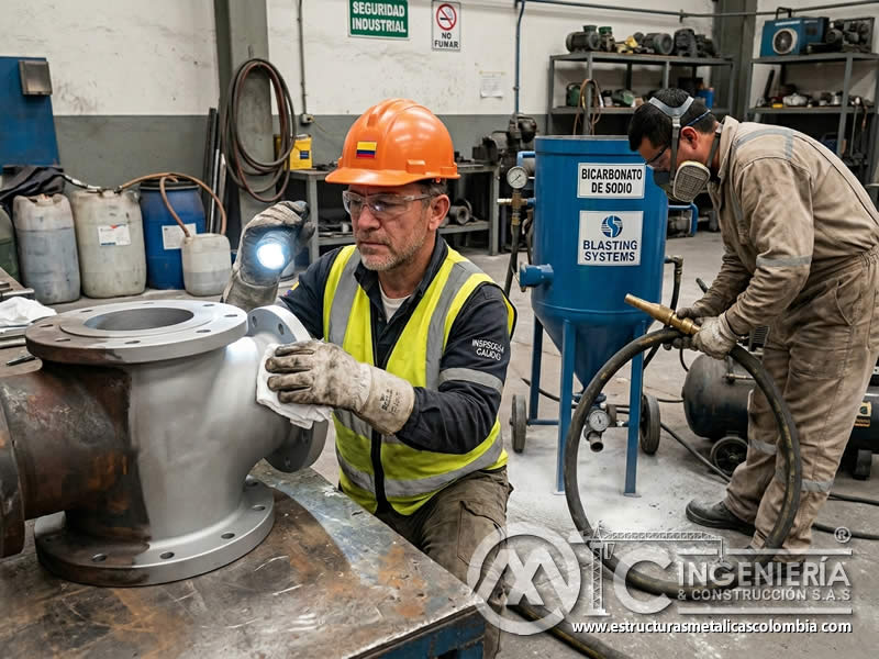 Inspección final de superficie después de soda blasting en Bogotá, Colombia. Montajes, Ingeniería y Construcción. MIC SAS.