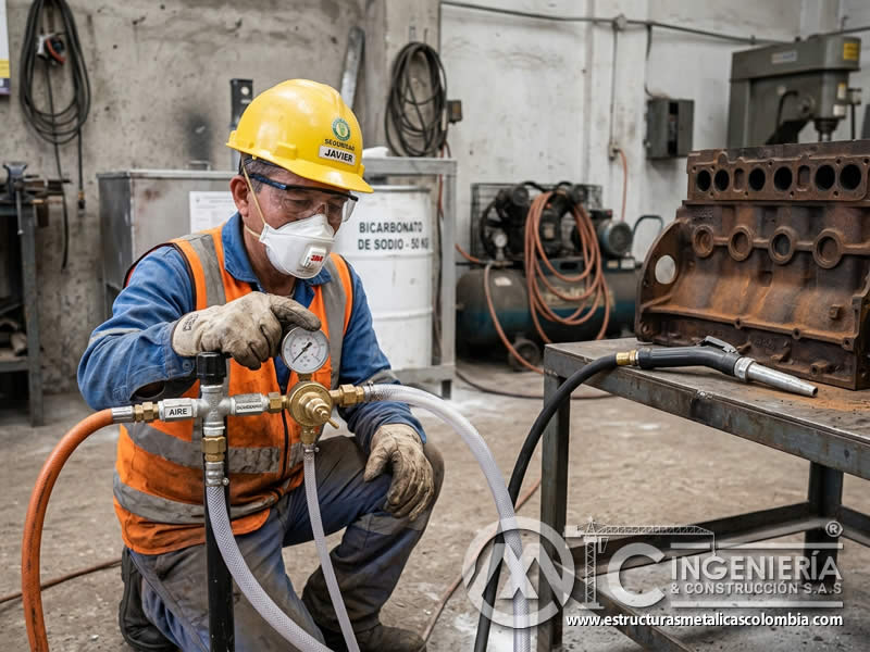 Mezcla de aire y bicarbonato en soda blasting en Bogotá, Colombia. Montajes, Ingeniería y Construcción. MIC SAS.