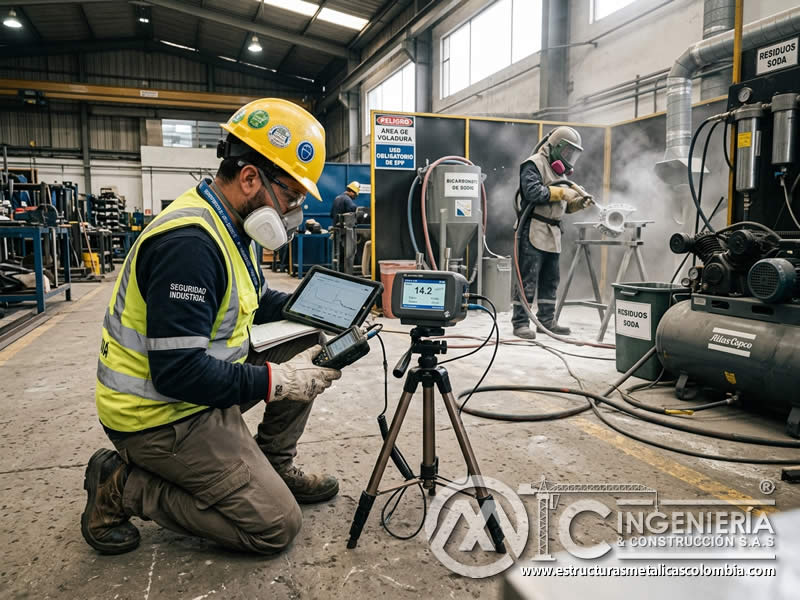 Monitoreo de polvo en soda blasting dentro del taller en Bogotá, Colombia. Montajes, Ingeniería y Construcción. MIC SAS.