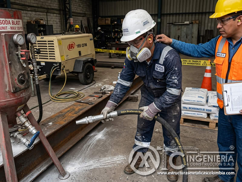 Protección del operario en soda blasting con bicarbonato en Bogotá, Colombia. Montajes, Ingeniería y Construcción. MIC SAS.