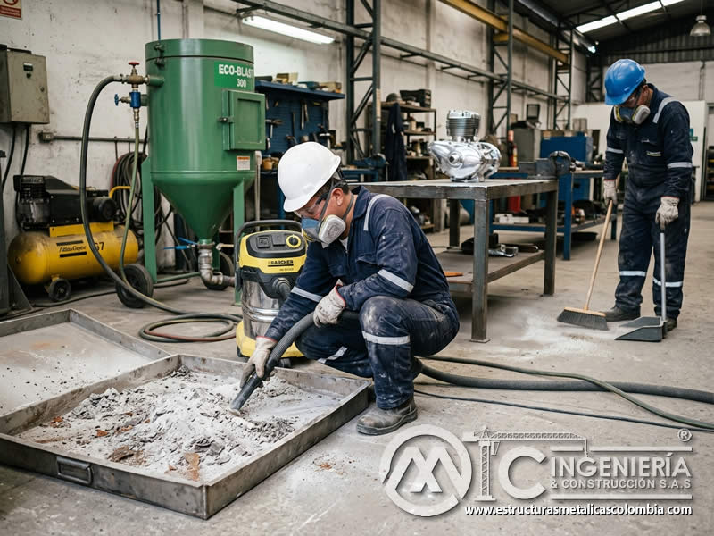 Recolección de residuos de bicarbonato en soda blasting en Bogotá, Colombia. Montajes, Ingeniería y Construcción. MIC SAS.