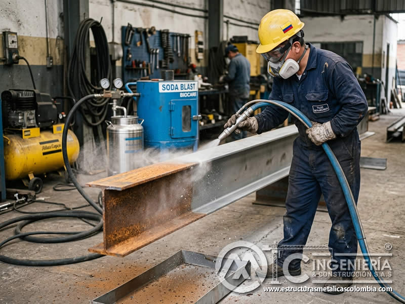 Remoción de óxido con soda blasting suave en metal en Bogotá, Colombia. Montajes, Ingeniería y Construcción. MIC SAS.