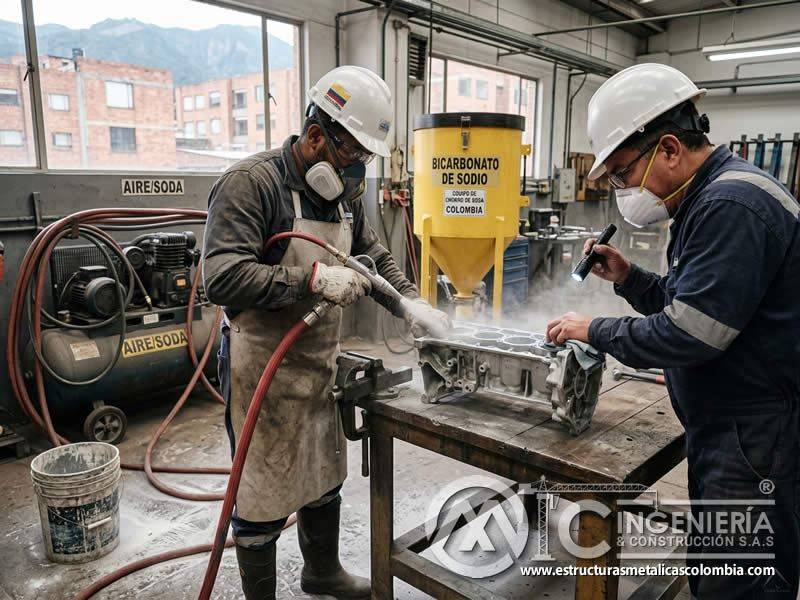 Soda blasting sin daño sobre superficie metálica en Bogotá, Colombia. Montajes, Ingeniería y Construcción. MIC SAS.