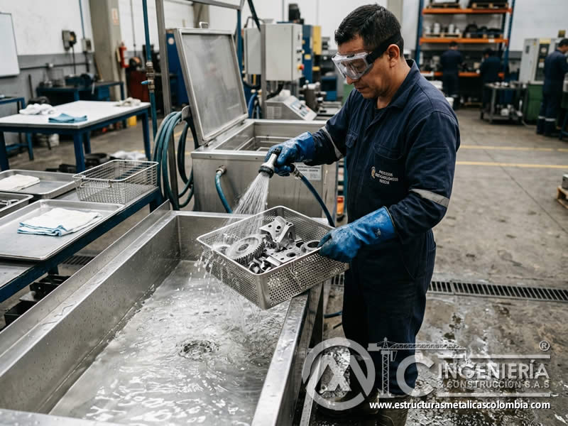 Enjuague de piezas después de ultrasonido en Bogotá, Colombia. Montajes, Ingeniería y Construcción. MIC SAS.