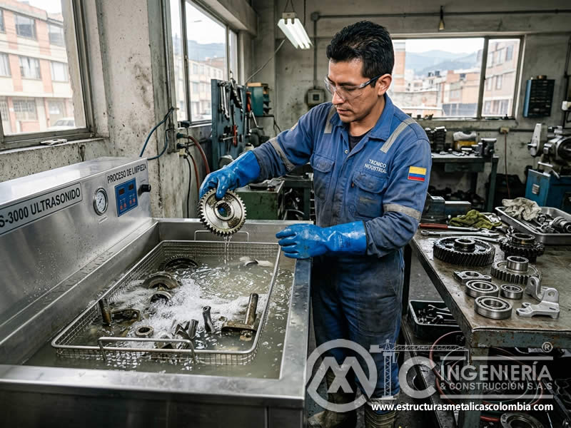 Remoción de grasa con ultrasonido en componentes de metal en Bogotá, Colombia. Montajes, Ingeniería y Construcción. MIC SAS.