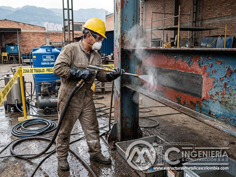 Aplicación de vapor en limpieza abrasiva de pintura en Bogotá, Colombia. Montajes, Ingeniería y Construcción. MIC SAS.