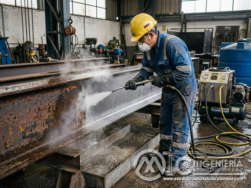 Limpieza abrasiva de superficie metálica con vapor en Bogotá, Colombia. Montajes, Ingeniería y Construcción. MIC SAS.